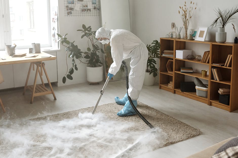 A professional cleaner dressed in a full white protective suit, face mask, and blue shoe covers is using a high-powered machine with a black hose to perform deep cleaning and sanitisation on a beige carpet in a well-lit, modern living room. The room features a large window allowing natural light, a wooden sideboard with decorative items, a small wooden dining table with chairs, and a potted plant with broad, dark green leaves. The clean, orderly space showcases the high-quality standards of Highbury Carpet Cleaners, emphasizing surface cleaning and hygiene. The machine produces a cloud of steam or cleaning solution on the carpet, highlighting the thorough cleaning process aimed at maintaining a hygienic environment and enhancing the carpet's appearance.